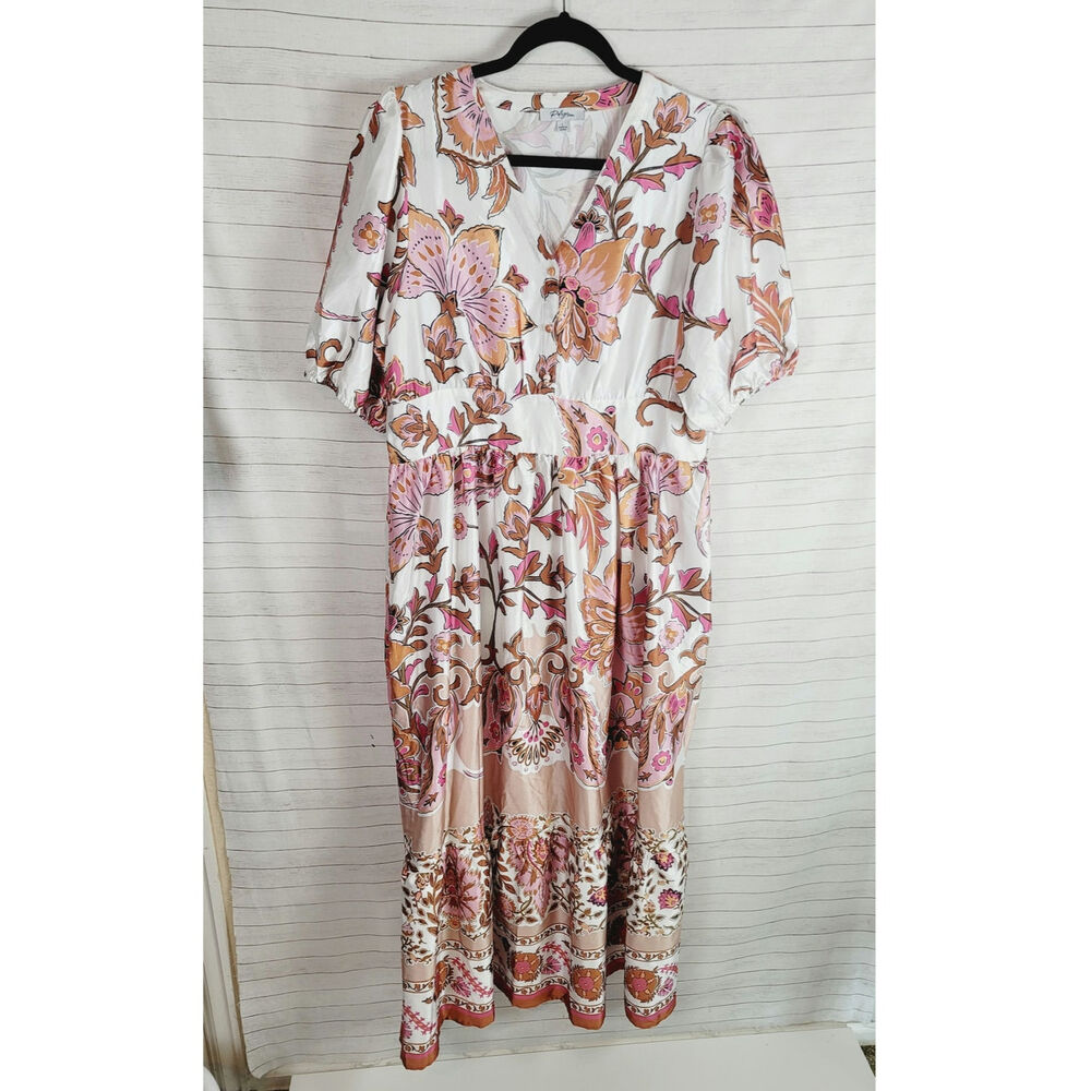 POLAGRAM FLORAL BOHO MIDI DRESS, SZ LARGE